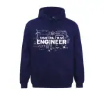 SWEAT À CAPUCHE BLEU MARINE AVEC SLOGAN "TRUST ME, I'M AN ENGINEER" ET DESSINS TECHNIQUES.