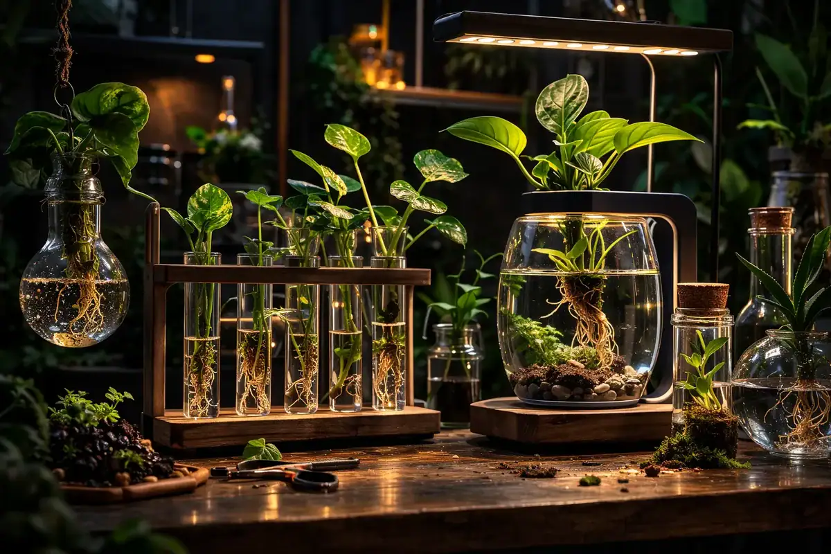 Collection de plantes en terrarium et en laboratoire, avec divers contenants en verre et éclairage spécialisé, créant un environnement botanique innovant et décoratif.