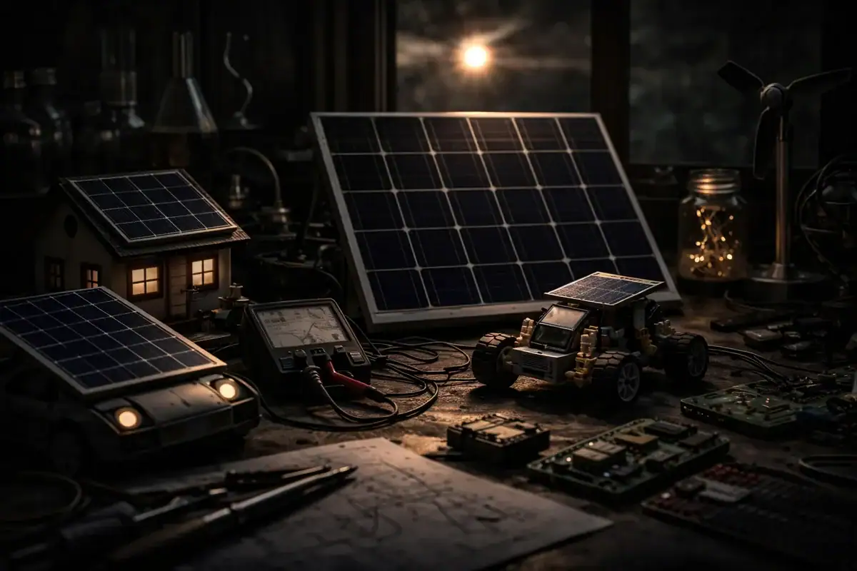 Panneau solaire et appareils électroniques de laboratoire dans un atelier scientifique.