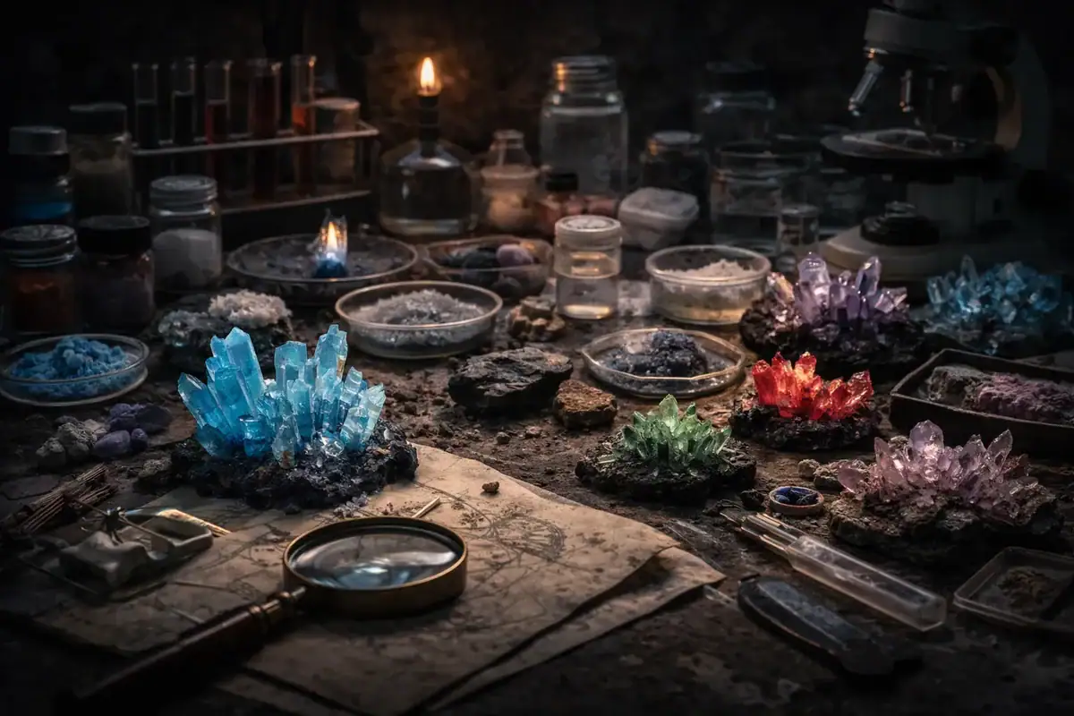Cristaux colorés en laboratoire de sciences, exposés sur un bureau avec divers outils et flacons, ambiance mystérieuse et scientifique.